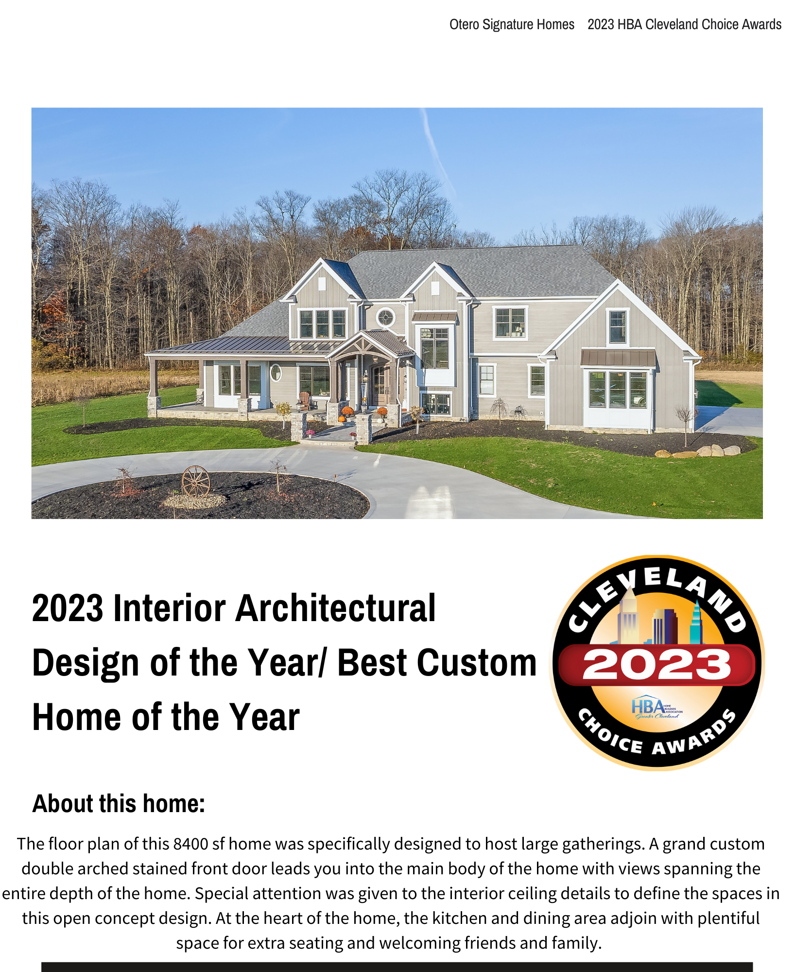 Cleveland 2023 Choice Awards - Interior Architectural Award for Otero Signature Homes