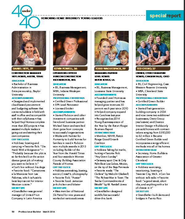 March 2014 Professional Builder Feature 40 Under 40